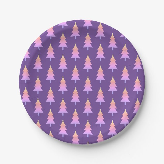 Happy Holidays Pink Purple Fir Tree Pattern Paper Plates (Front)