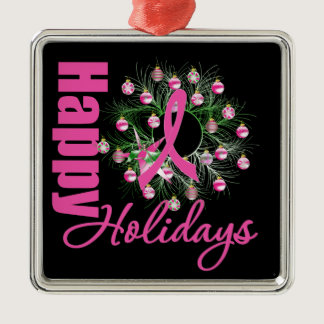 Happy Holidays Pink Ribbon - Breast Cancer Metal Ornament