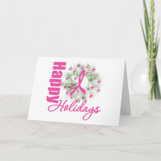 Happy Holidays Pink Ribbon Wreath Holiday Card