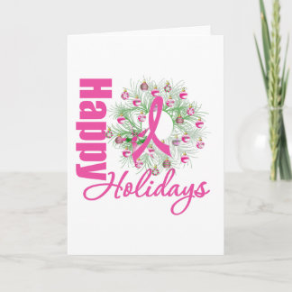 Happy Holidays Pink Ribbon Wreath Holiday Card