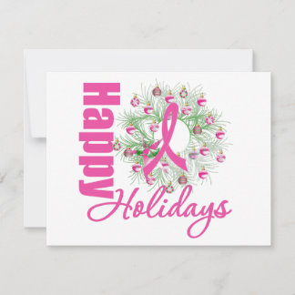 Happy Holidays Pink Ribbon Wreath Holiday Card
