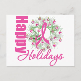 Happy Holidays Pink Ribbon Wreath Holiday Postcard