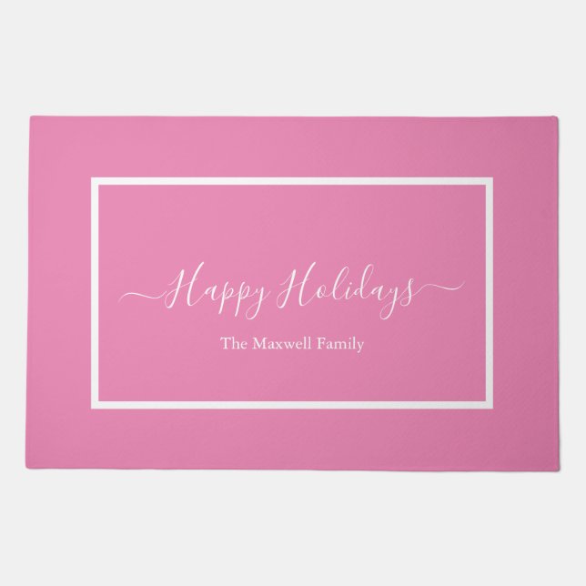 Happy Holidays pink script family name   Doormat (Front)