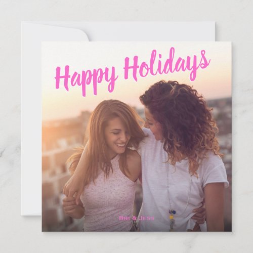 Happy Holidays Pink Two Photo Square Holiday Card