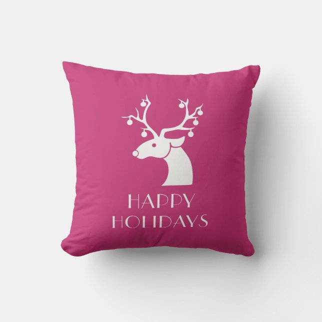 HAPPY HOLIDAYS Pink & White Christmas Reindeer Throw Pillow (Front)