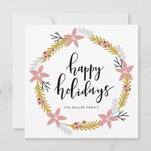 Happy Holidays Pink Wreath   Holiday Photo Card