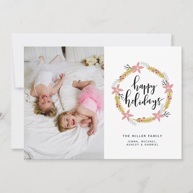 Happy Holidays Pink Wreath | Holiday Photo Card (Front)