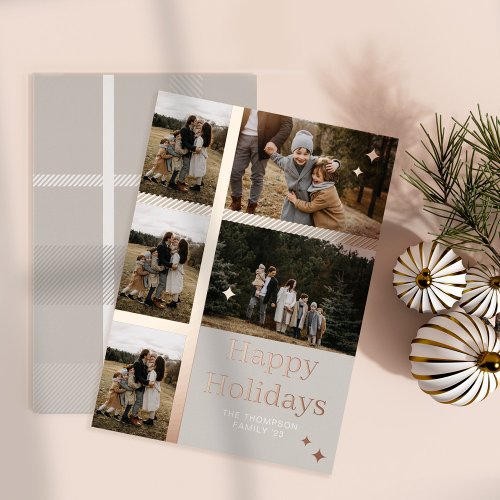 Happy Holidays Plaid 5 Family Photo Plaid Collage Foil Holiday Card