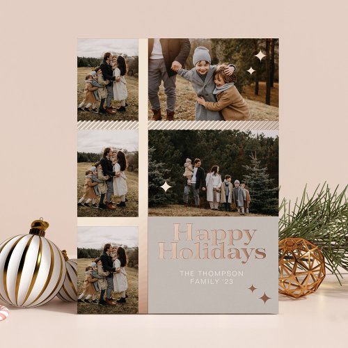 Happy Holidays Plaid 5 Family Photo Plaid Collage Foil Holiday Card
