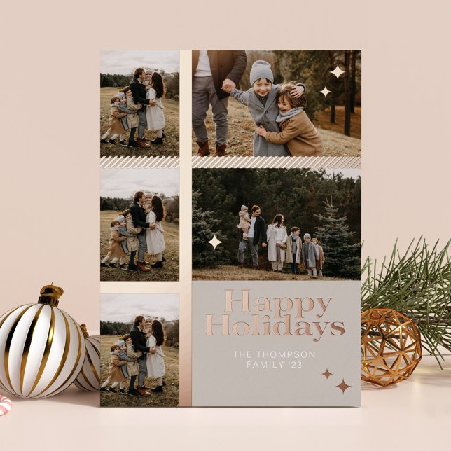 Happy Holidays Plaid 5 Family Photo Plaid Collage Foil Holiday Card (Happy Holidays Plaid 5 Family Photo Plaid Collage Foil Holiday Card)