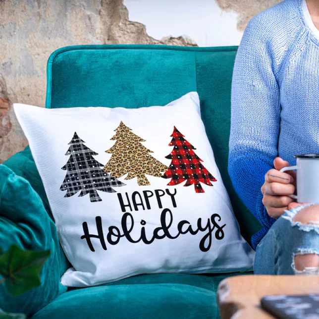 Happy Holidays Plaid Christmas Trees Throw Pillow Zazzle