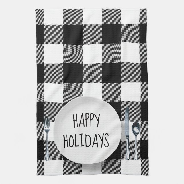 Happy Holidays Plate On Buffalo Plaid Kitchen Towe Kitchen Towel (Vertical)