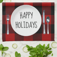 Happy Holidays l Snowflakes Red Buffalo Plaid Kitchen Towel, Zazzle