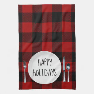 Happy Holidays Plate On Buffalo Plaid Kitchen Towel