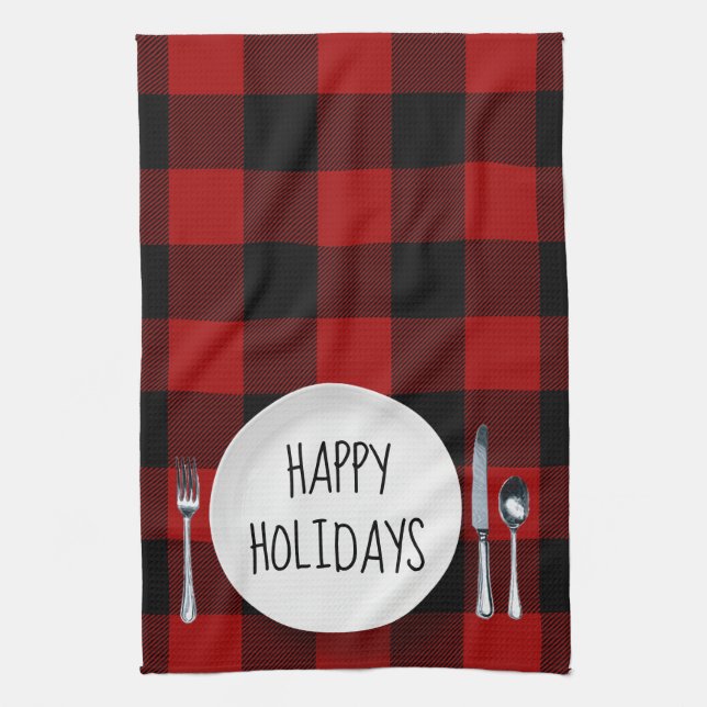 Happy Holidays Plate On Buffalo Plaid Kitchen Towel (Vertical)
