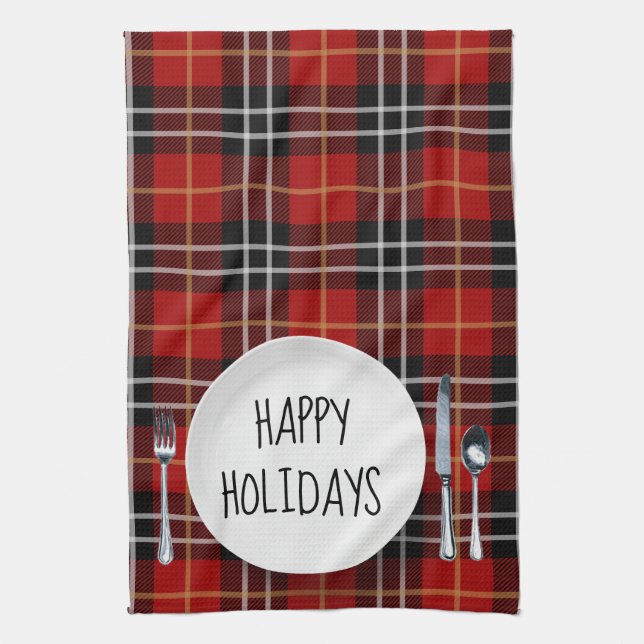 Happy Holidays Plate On Tartan Plaid Kitchen Towel (Vertical)