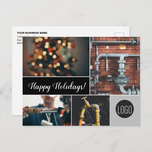 Happy Holidays Plumbing Business logo and Photos Holiday Postcard