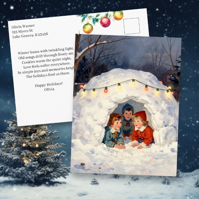 Happy Holidays Poem Vintage Children in Snow Fort Holiday Postcard (Creator Uploaded)
