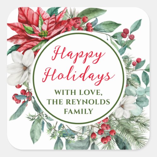 Happy Holidays Poinsettia Floral Favor Square Sticker