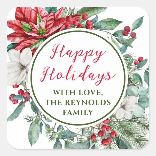 Happy Holidays Poinsettia Floral Favor Square Sticker (Front)