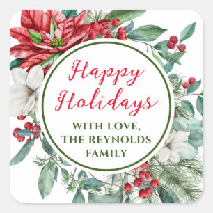Happy Holidays Poinsettia Floral Favor Square Sticker