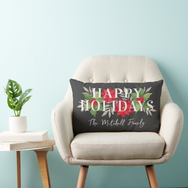 Happy Holidays Poinsettia Holly Charcoal Christmas Lumbar Pillow (Chair)