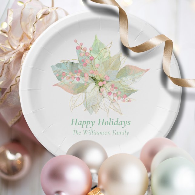 Happy Holidays Poinsettia Pink Gold Elegant Chic Paper Plates (Creator Uploaded)