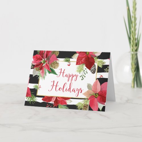 Happy Holidays Poinsettias Black Stripes Card