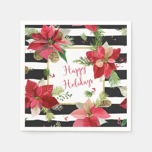 Happy Holidays Poinsettias on Black Stripe Napkins