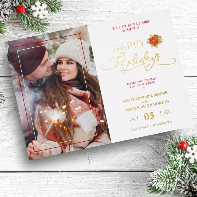 Happy Holidays Poinsettias Wreath Photo Wedding Foil Invitation (Creator Uploaded)