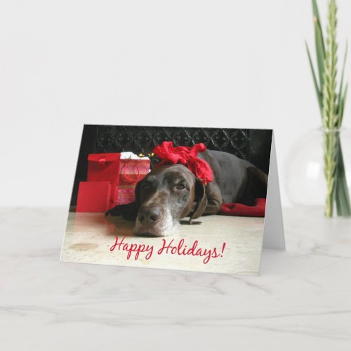 happy holidays pointer and gifts at fireplace holiday card