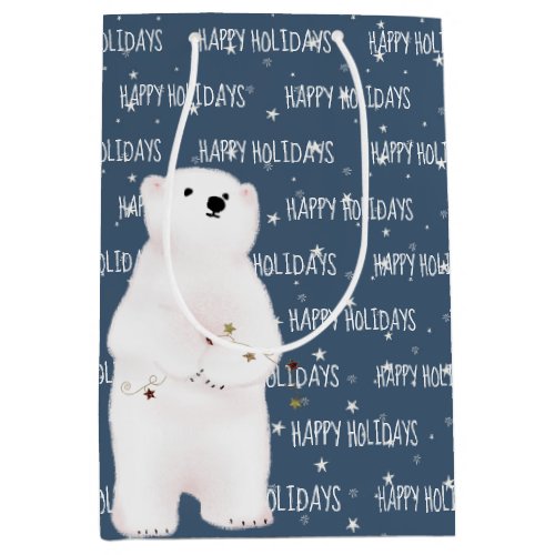 HAPPY HOLIDAYS Polar Bear On Stars Medium Gift Bag