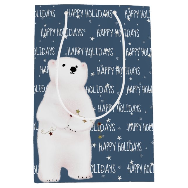 HAPPY HOLIDAYS Polar Bear On Stars Medium Gift Bag (Front)