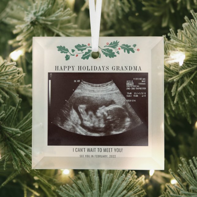Happy Holidays Pregnancy Ultrasound Photo Grandma Glass Ornament (Insitu)