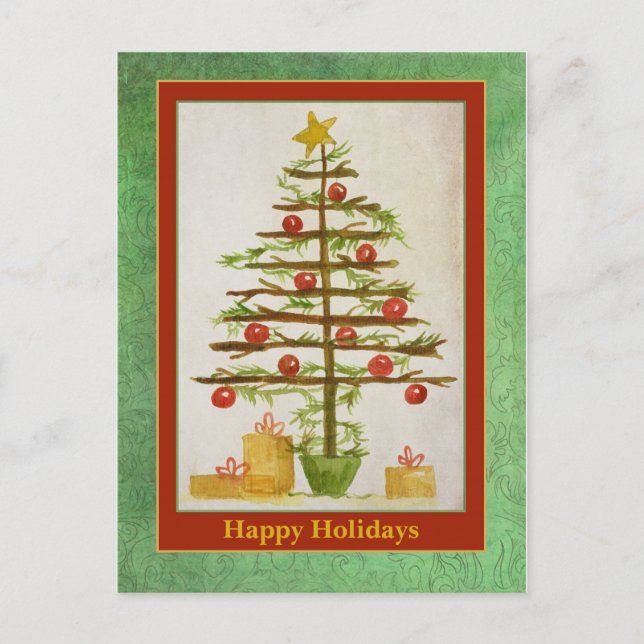 Happy Holidays Primitive Christmas Tree Postcard (Front)