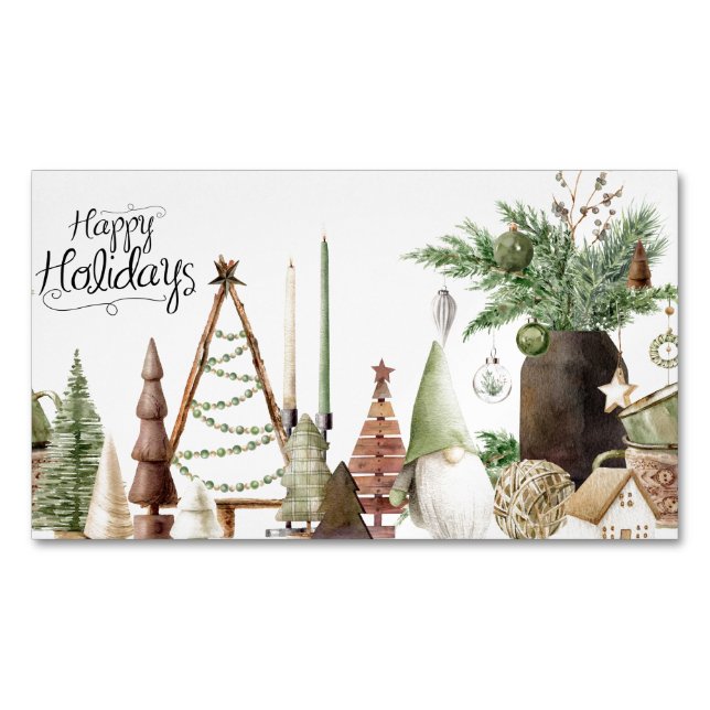 Happy Holidays Primitive Gnome Business Card Magnet (Front)