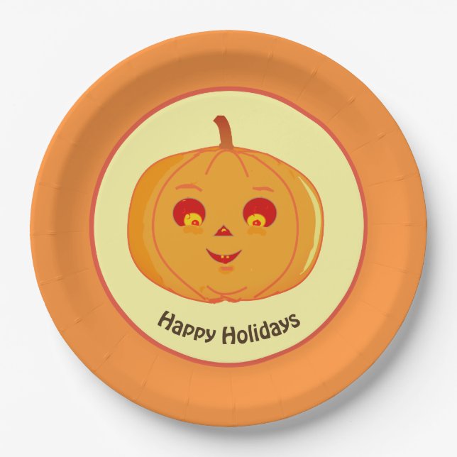 Happy Holidays Pumpkin Face Paper Plates (Front)