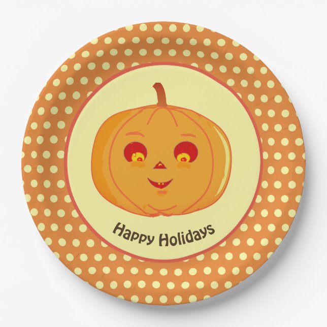 Happy Holidays Pumpkin Face & Polka Dots Paper Plates (Front)