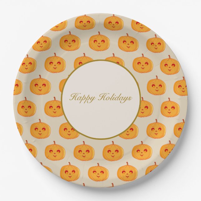 Happy Holidays Pumpkin Faces Paper Plates (Front)