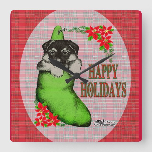 Happy Holidays Puppy Square Wall Clock (Front)