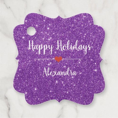 Happy Holidays purple glitter elegant name Favor Tags