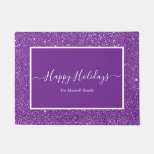 Happy Holidays purple glitter family name Doormat