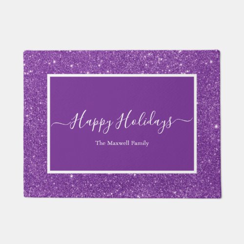 Happy Holidays purple glitter family name  Doormat