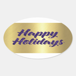 Happy Holidays Purple Glitter on Gold Oval Sticker