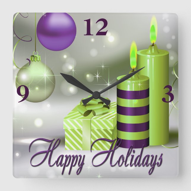 Happy Holidays Purple Green Decorations Square Wall Clock (Front)