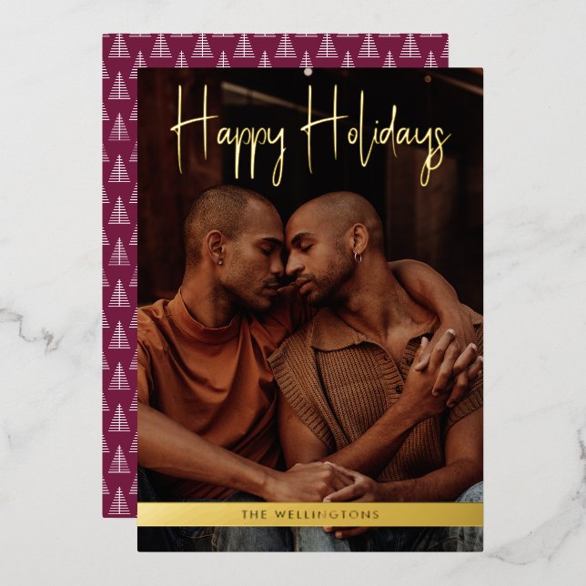 Happy Holidays Purple Modern Calligraphy Christmas Foil Holiday Card (Front/Back)