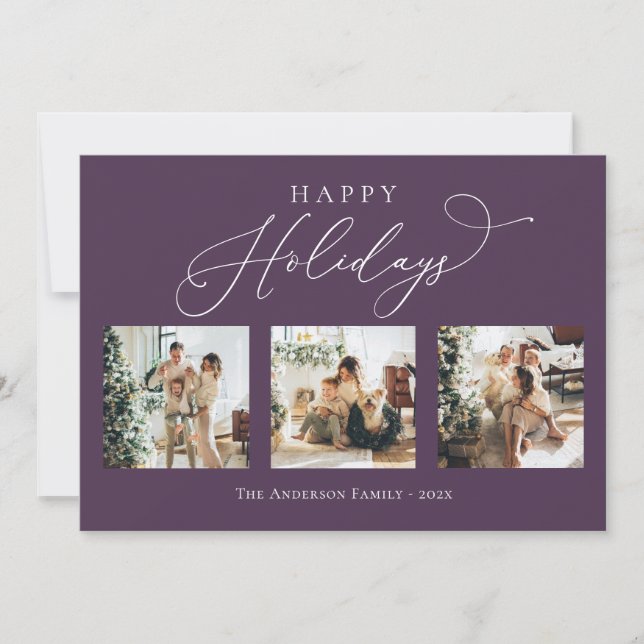 Happy Holidays Purple Plum Multi Photo Collage Holiday Card (Front)
