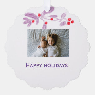 Happy holidays purple red floral add photo text ornament card