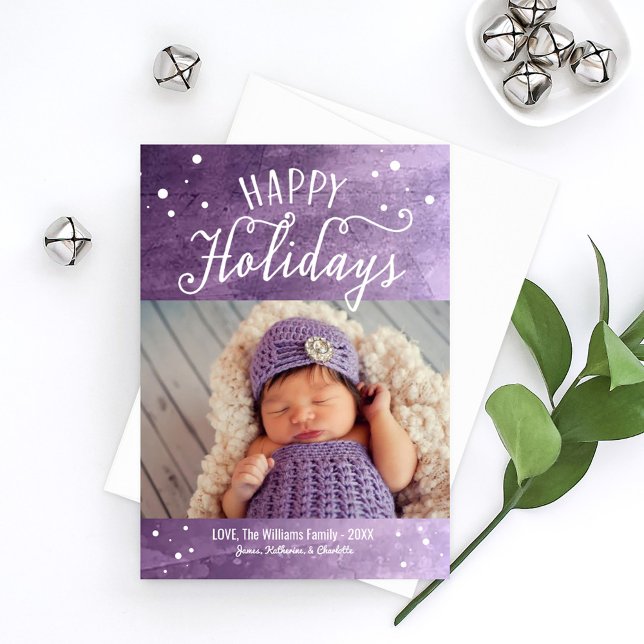 Happy Holidays Purple Snow Photo Holiday Card (Creator Uploaded)