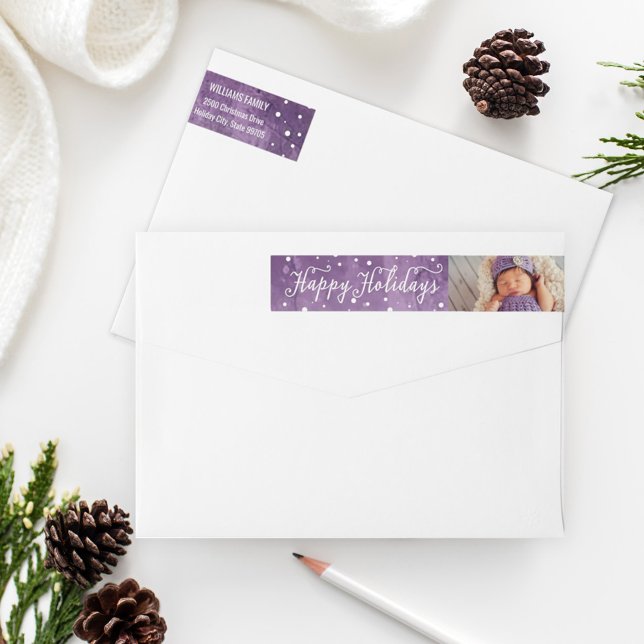 Happy Holidays Purple Watercolor Photo Address Wrap Around Label (Creator Uploaded)